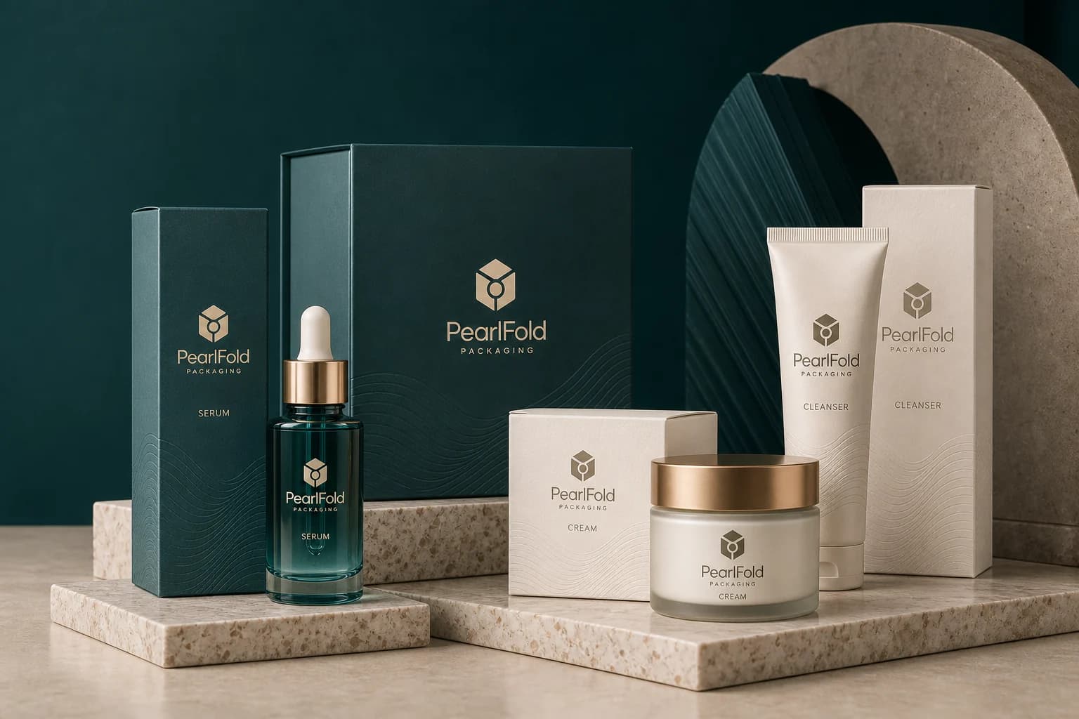 PearlFold skincare packaging concept with coordinated cartons and product presentation