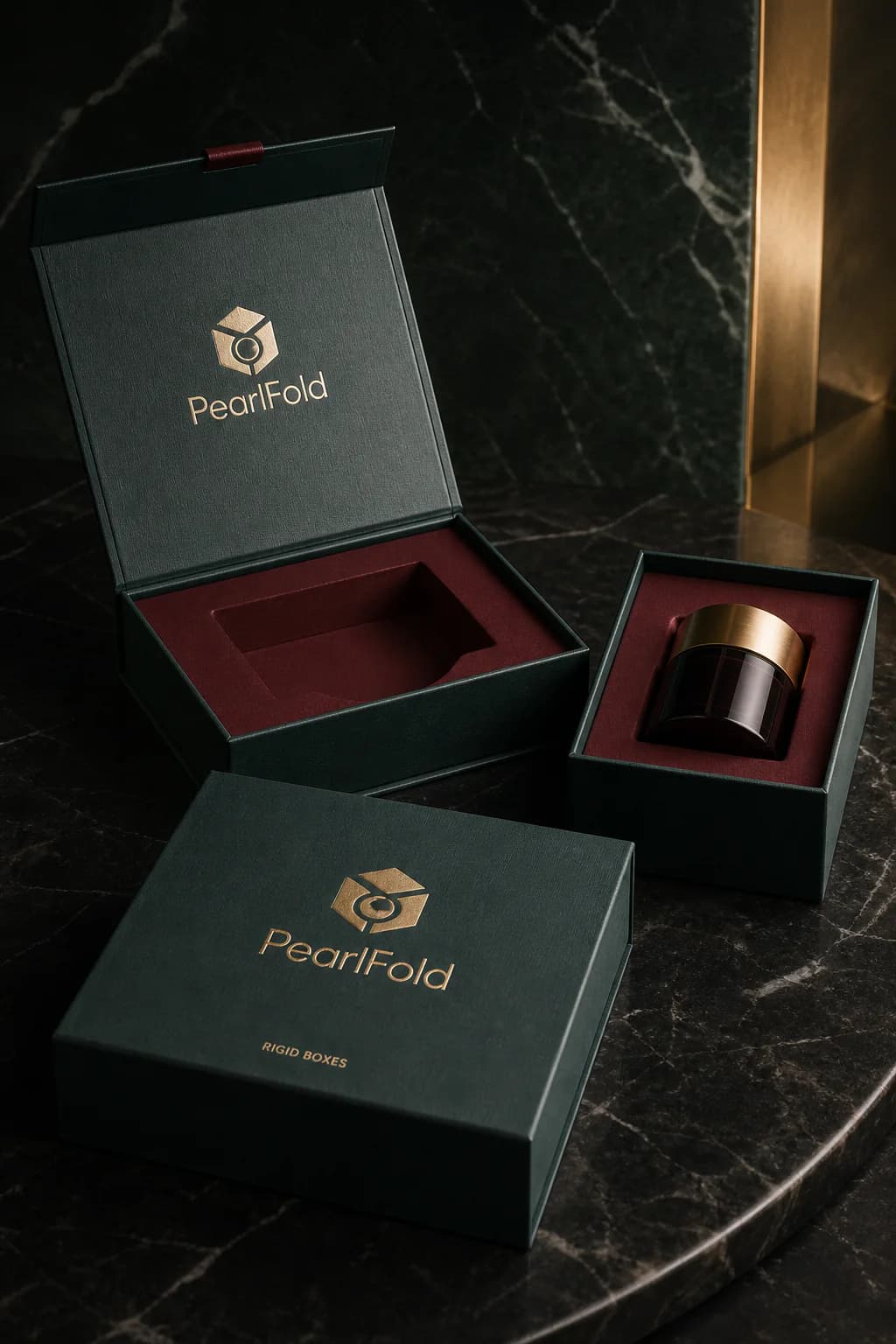 PearlFold branded rigid presentation boxes